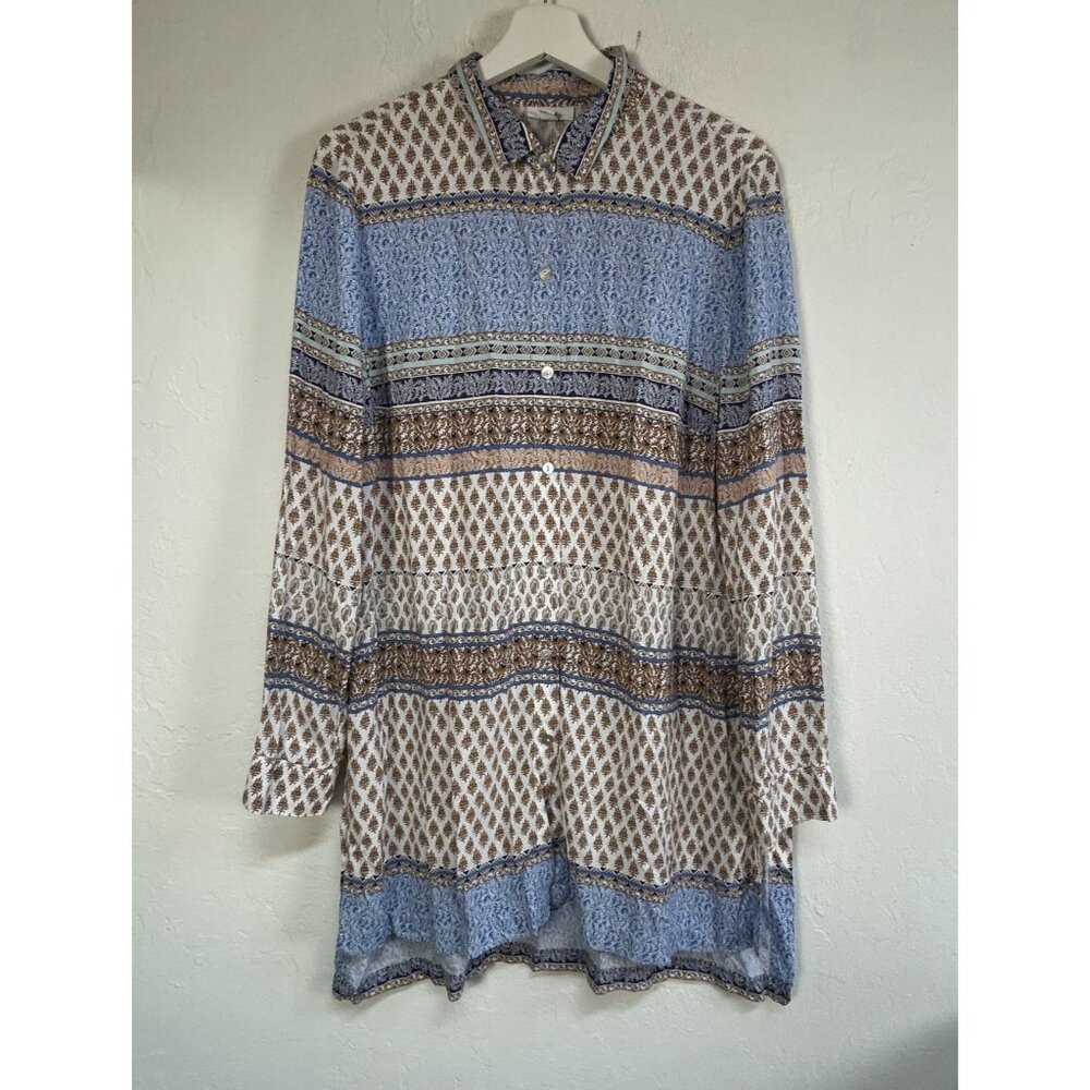 J. Jill Womens Long-Sleeve Button-Down Shirt Tunic Top Medium Brown Damask Print